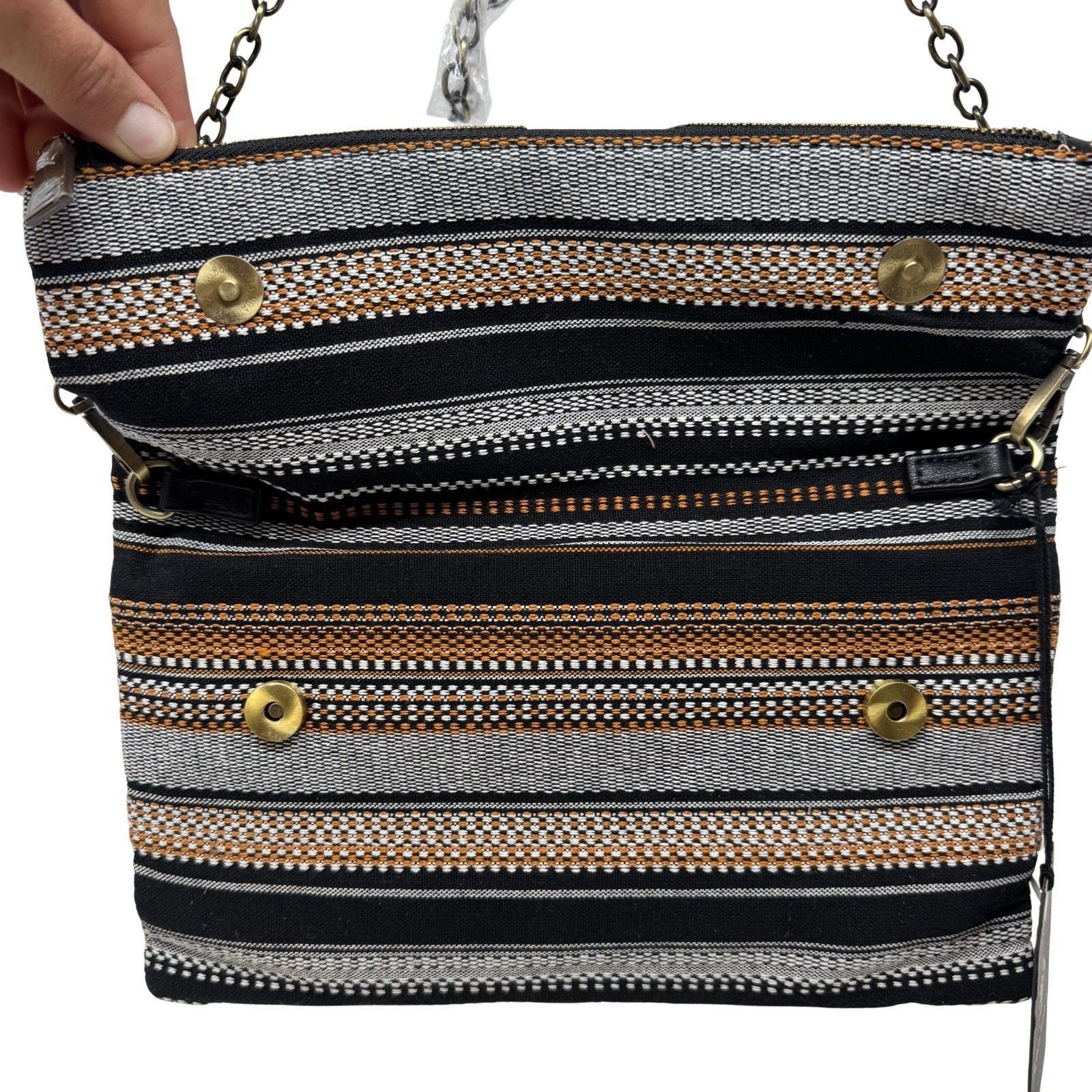 Moda Luxe Foldover Crossbody Clutch Black Yellow Stripe Woven Bag Nwt 11x6.5 — image 3 of 6